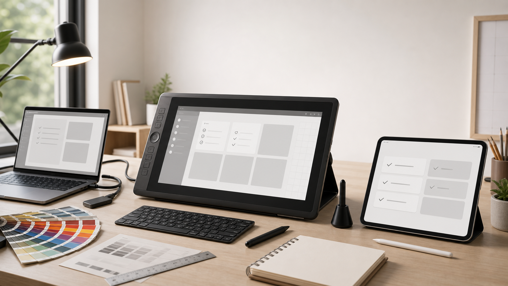 液タブとiPadを机に並べた比較イメージ